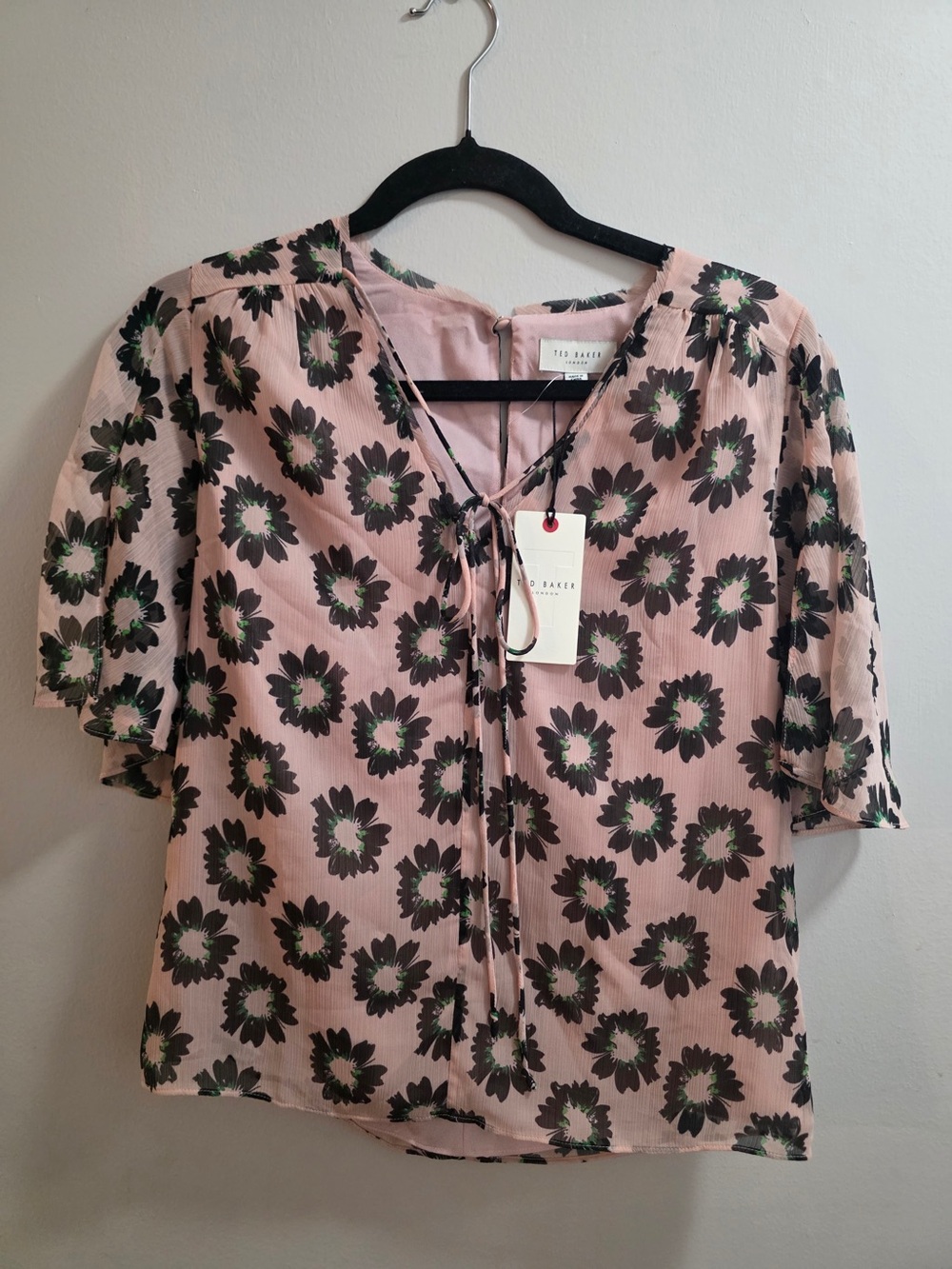 Ted Baker Harlynn Pink Floral Tie-Neck Blouse Sz 0